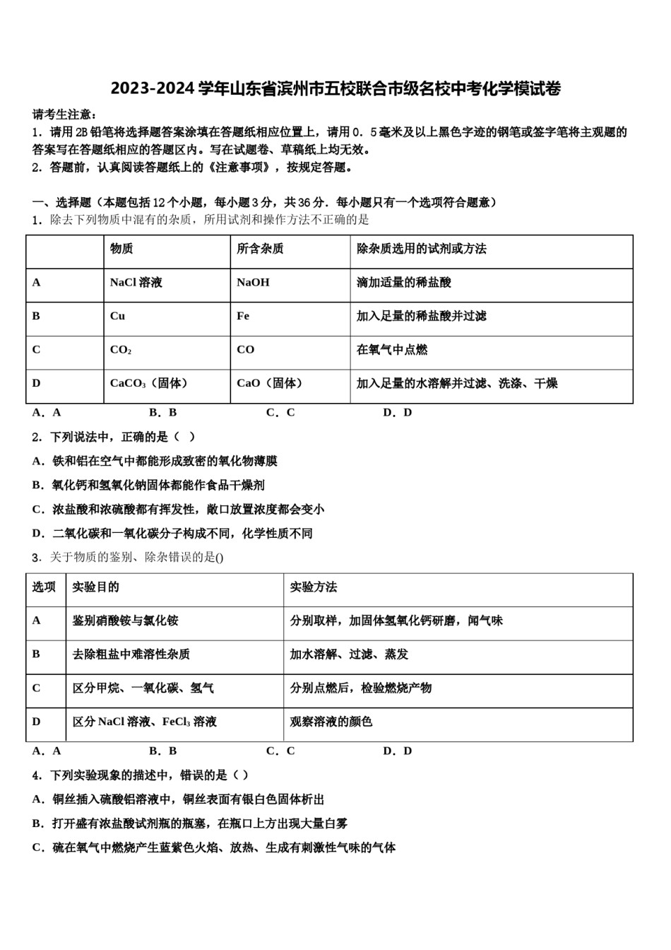 2023-2024学年山东省滨州市五校联合市级名校中考化学模试卷含解析.doc_第1页