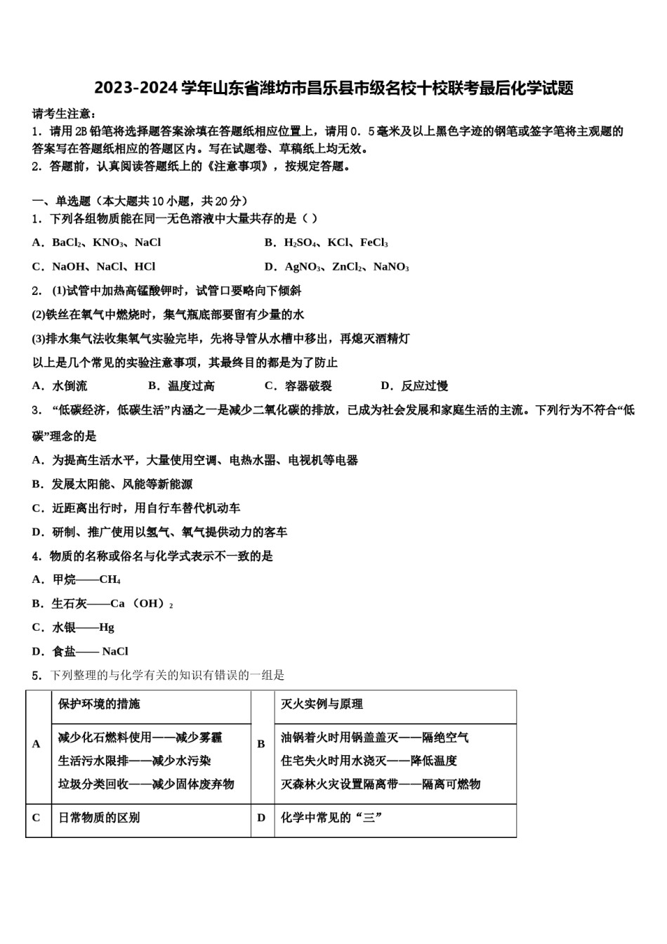 2023-2024学年山东省潍坊市昌乐县市级名校十校联考最后化学试题含解析.doc_第1页