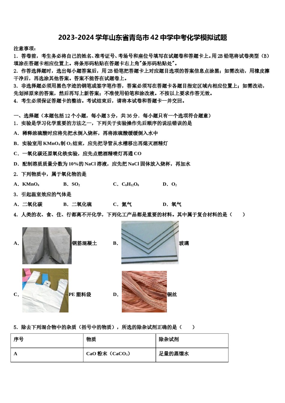 2023-2024学年山东省青岛市42中学中考化学模拟试题含解析.doc_第1页