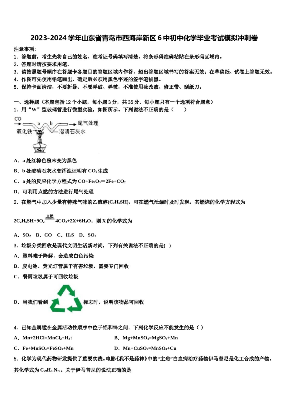 2023-2024学年山东省青岛市西海岸新区6中初中化学毕业考试模拟冲刺卷含解析.doc_第1页