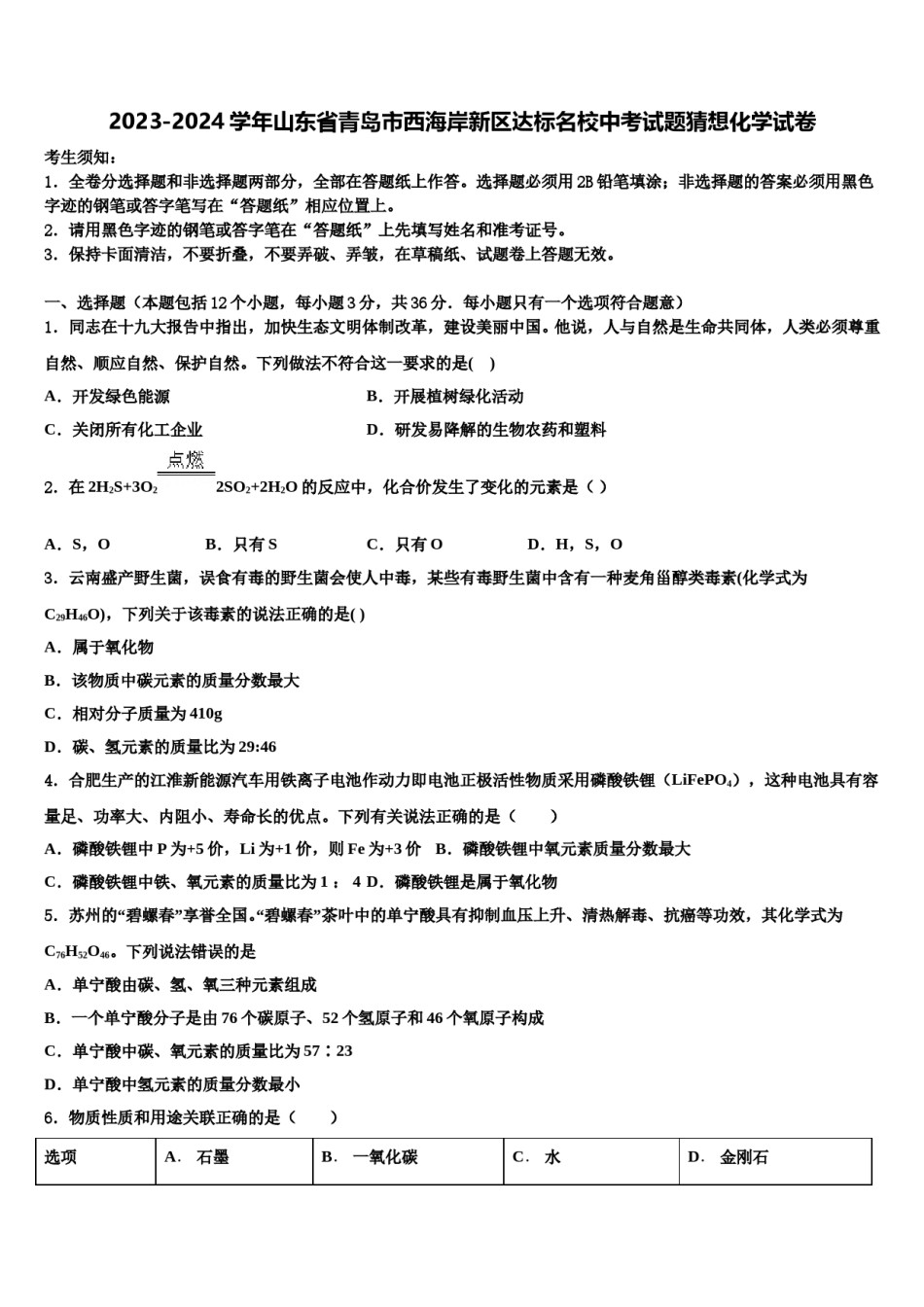 2023-2024学年山东省青岛市西海岸新区达标名校中考试题猜想化学试卷含解析.doc_第1页