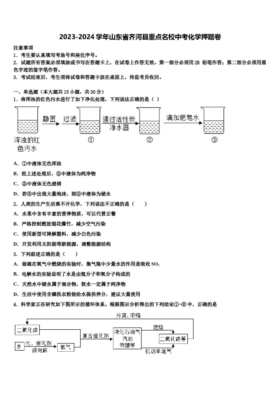 2023-2024学年山东省齐河县重点名校中考化学押题卷含解析.doc_第1页
