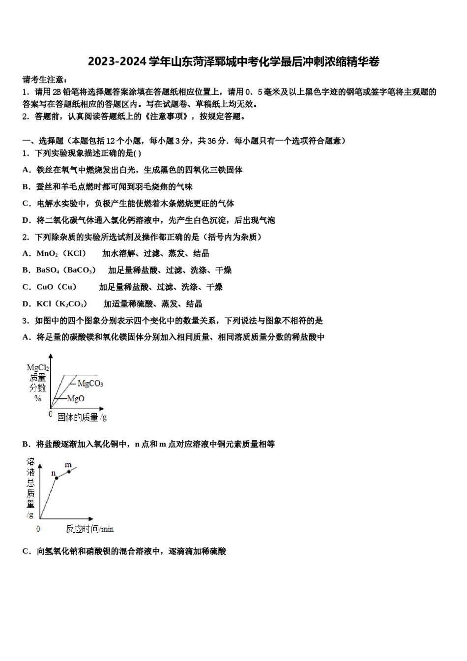 2023-2024学年山东菏泽郓城中考化学最后冲刺浓缩精华卷含解析.doc_第1页