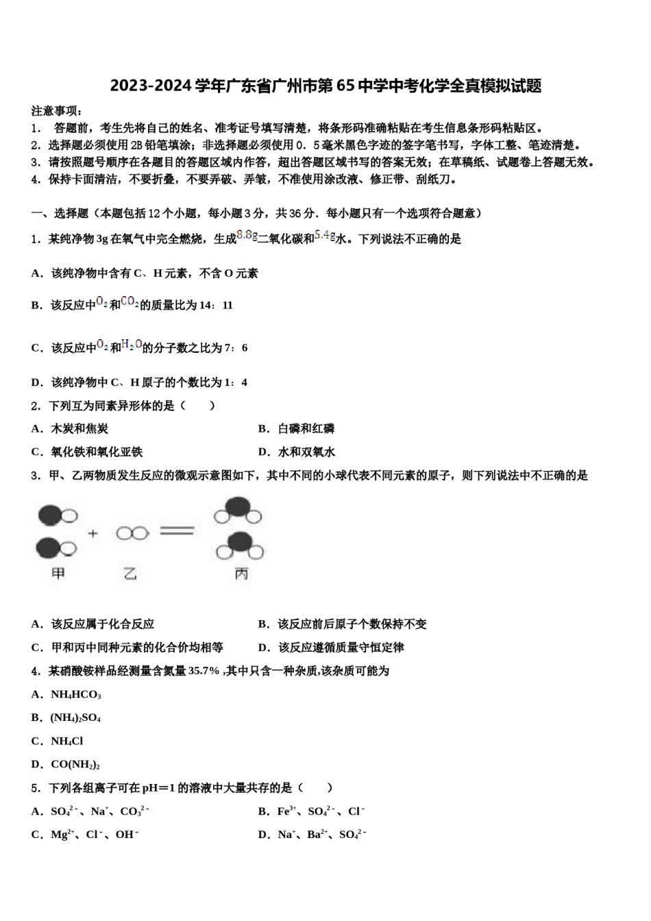 2023-2024学年广东省广州市第65中学中考化学全真模拟试题含解析.doc_第1页