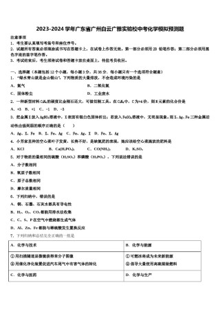 2023-2024学年广东省广州白云广雅实验校中考化学模拟预测题含解析.doc