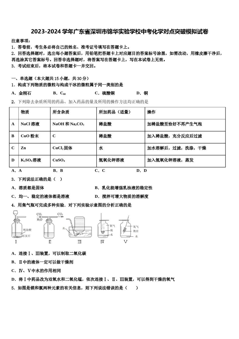 2023-2024学年广东省深圳市锦华实验学校中考化学对点突破模拟试卷含解析.doc_第1页