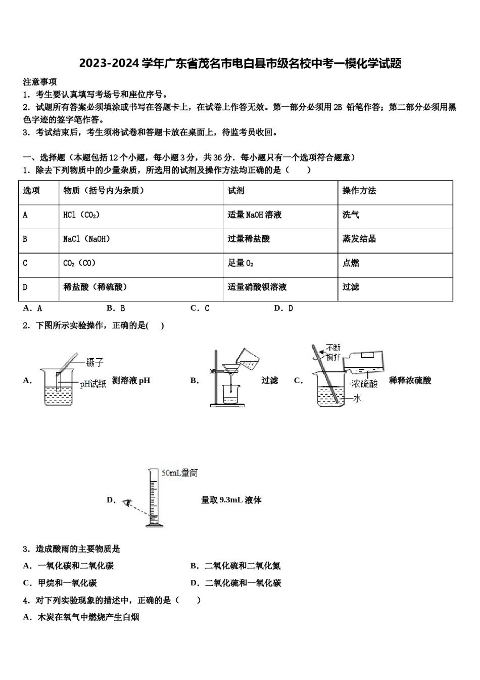 2023-2024学年广东省茂名市电白县市级名校中考一模化学试题含解析.doc_第1页