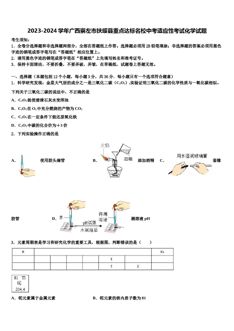 2023-2024学年广西崇左市扶绥县重点达标名校中考适应性考试化学试题含解析.doc_第1页