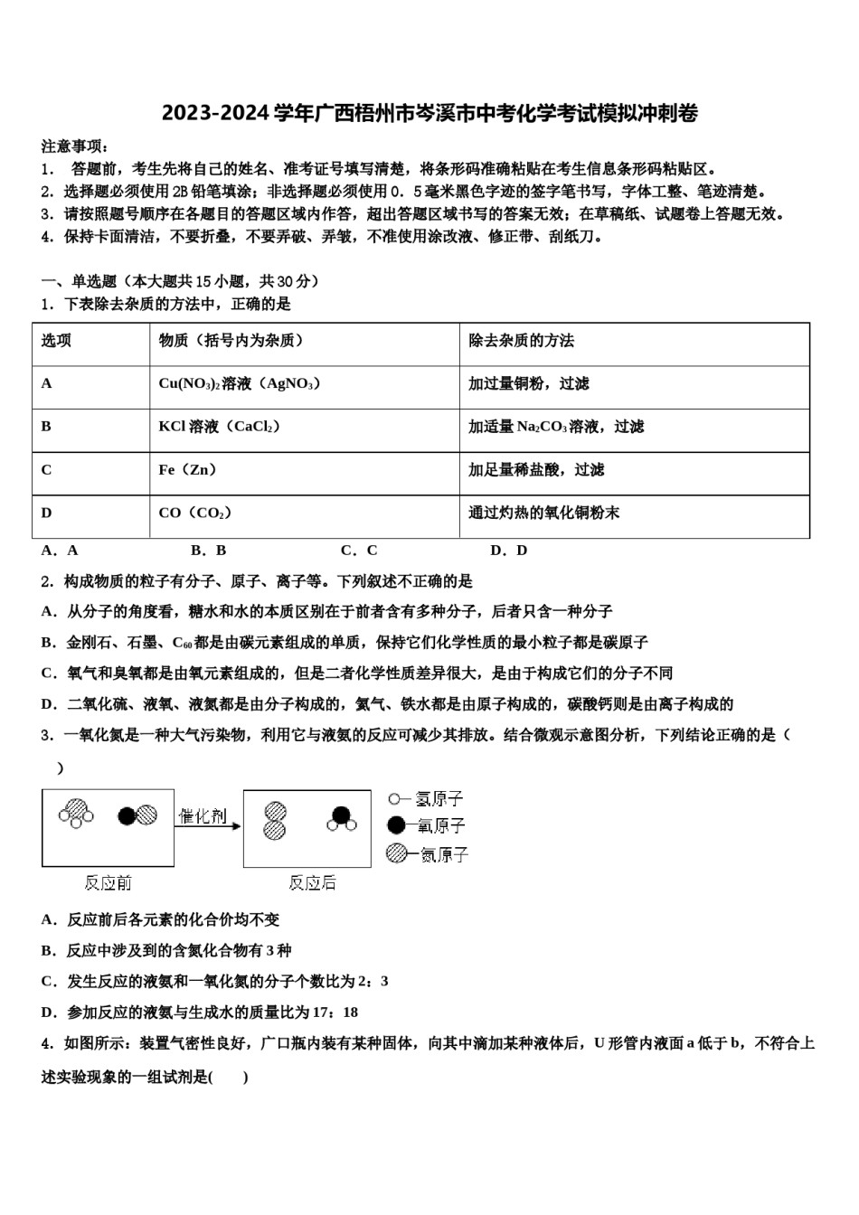 2023-2024学年广西梧州市岑溪市中考化学考试模拟冲刺卷含解析.doc_第1页