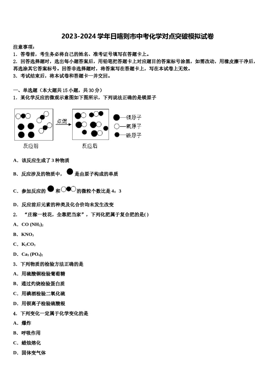 2023-2024学年日喀则市中考化学对点突破模拟试卷含解析.doc_第1页