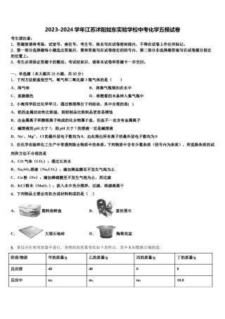 2023-2024学年江苏沭阳如东实验学校中考化学五模试卷含解析.doc