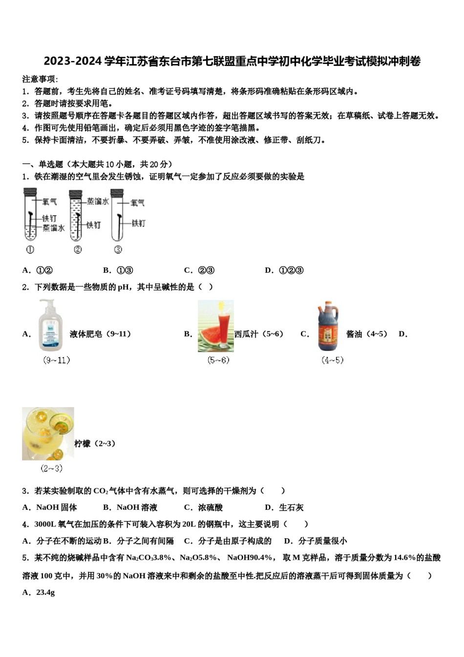2023-2024学年江苏省东台市第七联盟重点中学初中化学毕业考试模拟冲刺卷含解析.doc_第1页