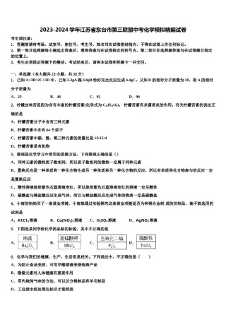 2023-2024学年江苏省东台市第三联盟中考化学模拟精编试卷含解析.doc