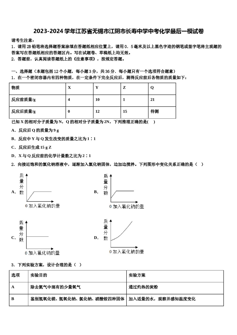 2023-2024学年江苏省无锡市江阴市长寿中学中考化学最后一模试卷含解析.doc_第1页