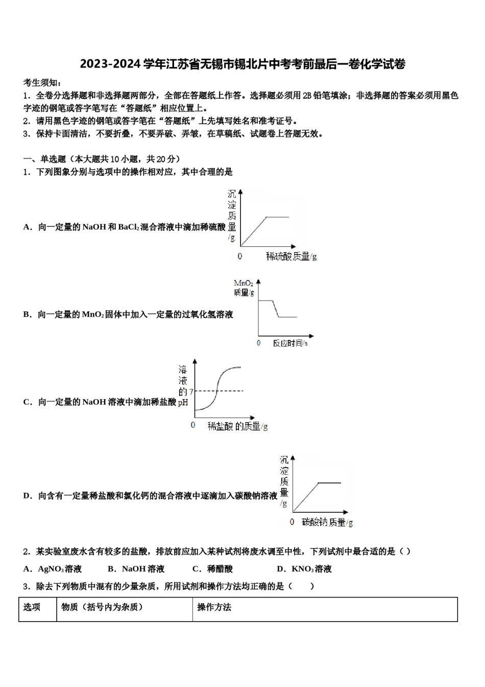 2023-2024学年江苏省无锡市锡北片中考考前最后一卷化学试卷含解析.doc_第1页