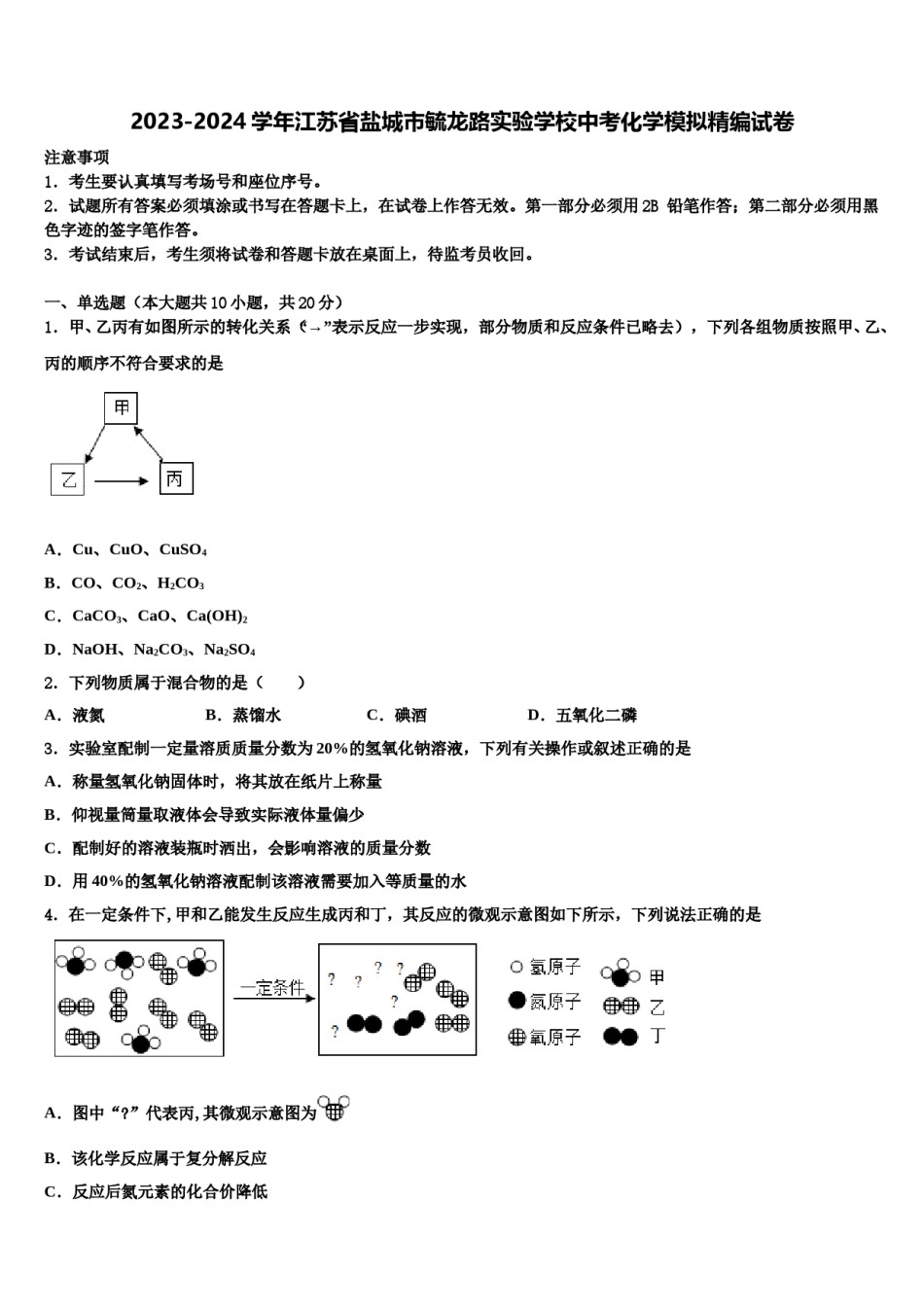 2023-2024学年江苏省盐城市毓龙路实验学校中考化学模拟精编试卷含解析.doc_第1页