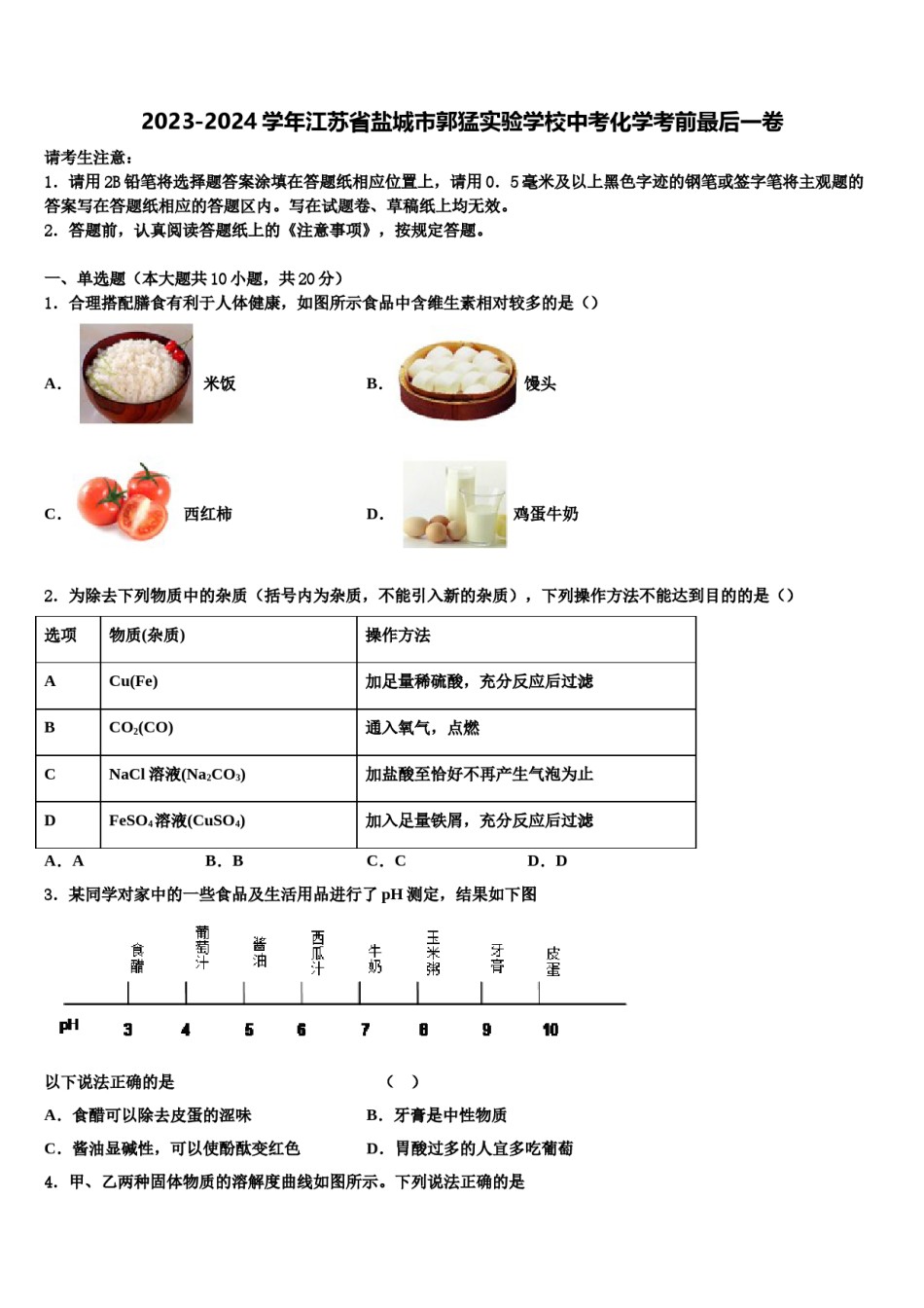 2023-2024学年江苏省盐城市郭猛实验学校中考化学考前最后一卷含解析.doc_第1页
