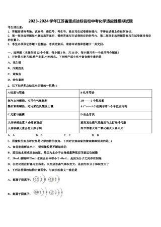 2023-2024学年江苏省重点达标名校中考化学适应性模拟试题含解析.doc