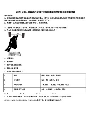 2023-2024学年江苏省镇江市宜城中学中考化学全真模拟试题含解析.doc