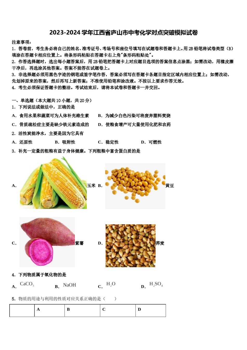 2023-2024学年江西省庐山市中考化学对点突破模拟试卷含解析.doc_第1页