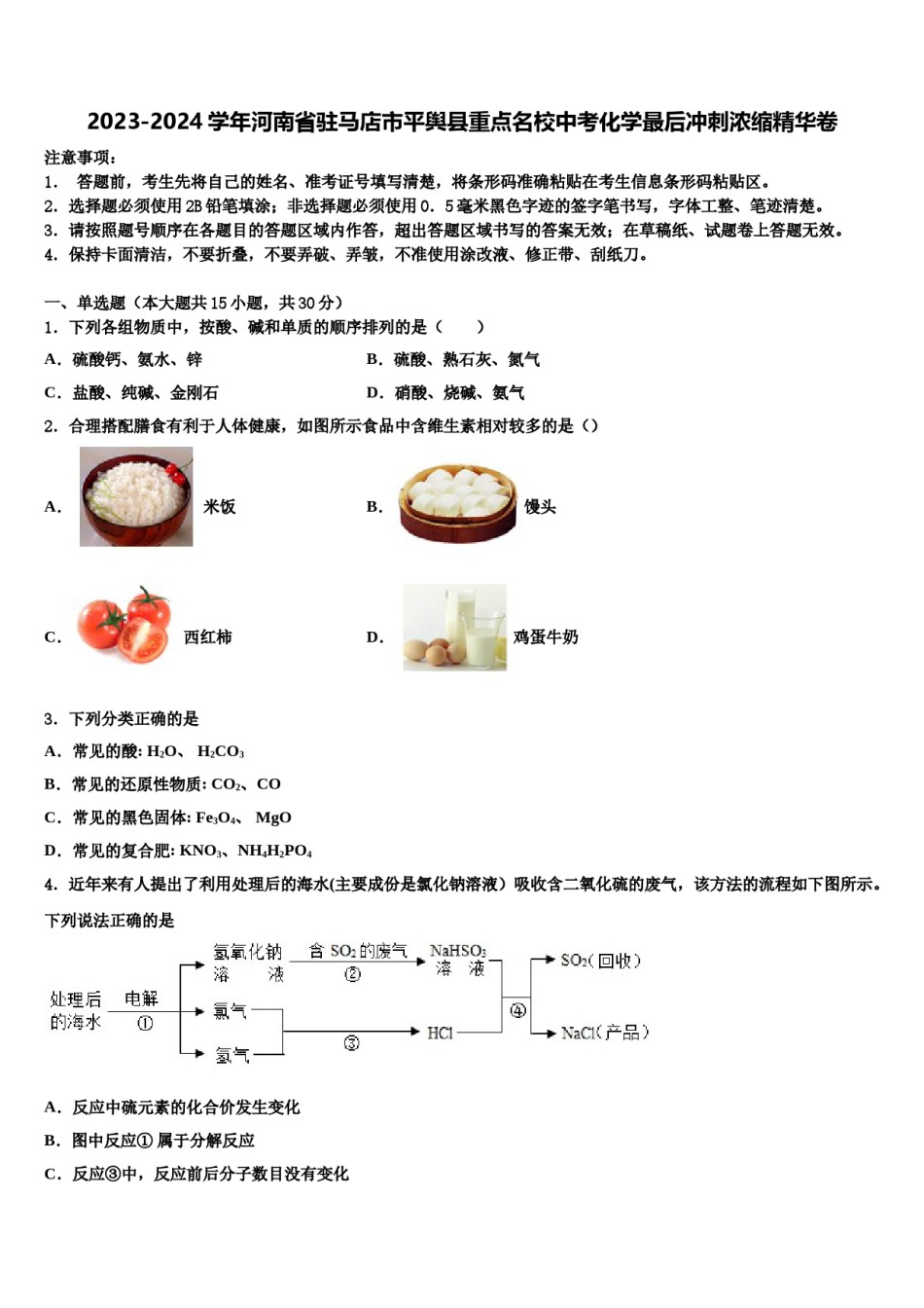 2023-2024学年河南省驻马店市平舆县重点名校中考化学最后冲刺浓缩精华卷含解析.doc_第1页
