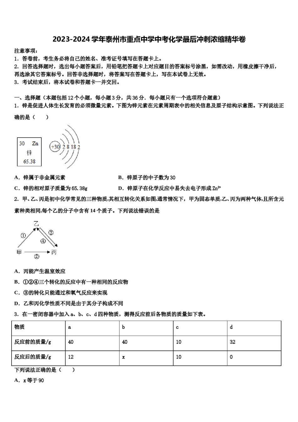 2023-2024学年泰州市重点中学中考化学最后冲刺浓缩精华卷含解析.doc_第1页