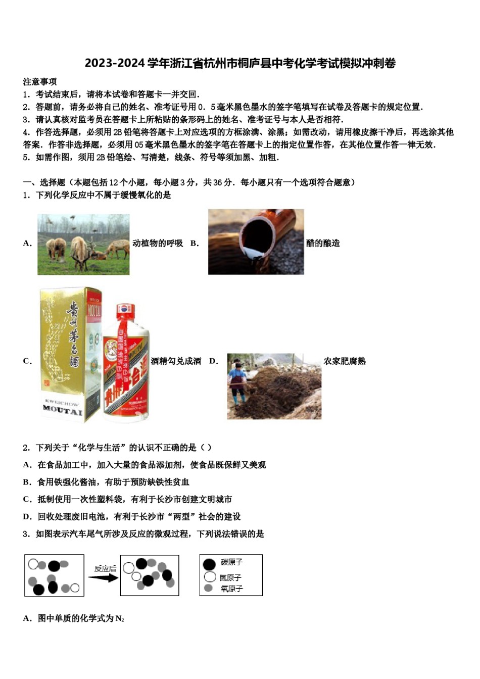 2023-2024学年浙江省杭州市桐庐县中考化学考试模拟冲刺卷含解析.doc_第1页
