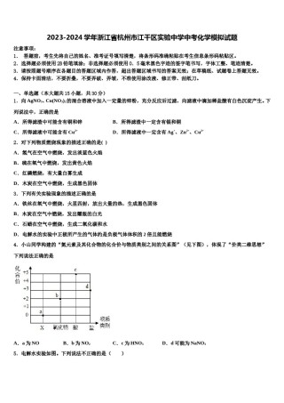 2023-2024学年浙江省杭州市江干区实验中学中考化学模拟试题含解析.doc