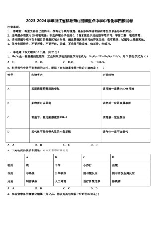 2023-2024学年浙江省杭州萧山回澜重点中学中考化学四模试卷含解析.doc
