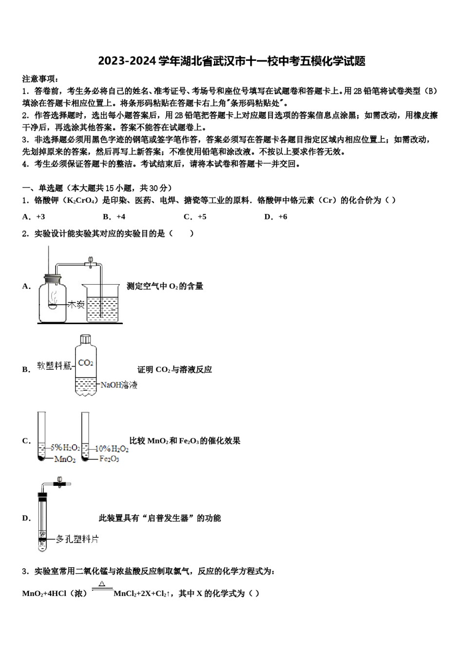 2023-2024学年湖北省武汉市十一校中考五模化学试题含解析.doc_第1页