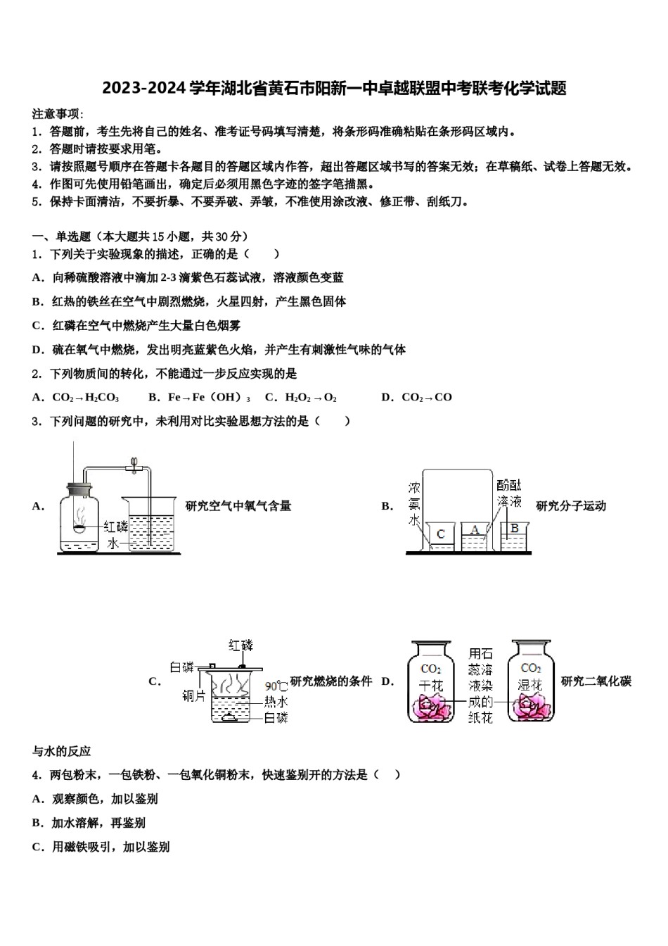 2023-2024学年湖北省黄石市阳新一中卓越联盟中考联考化学试题含解析.doc_第1页