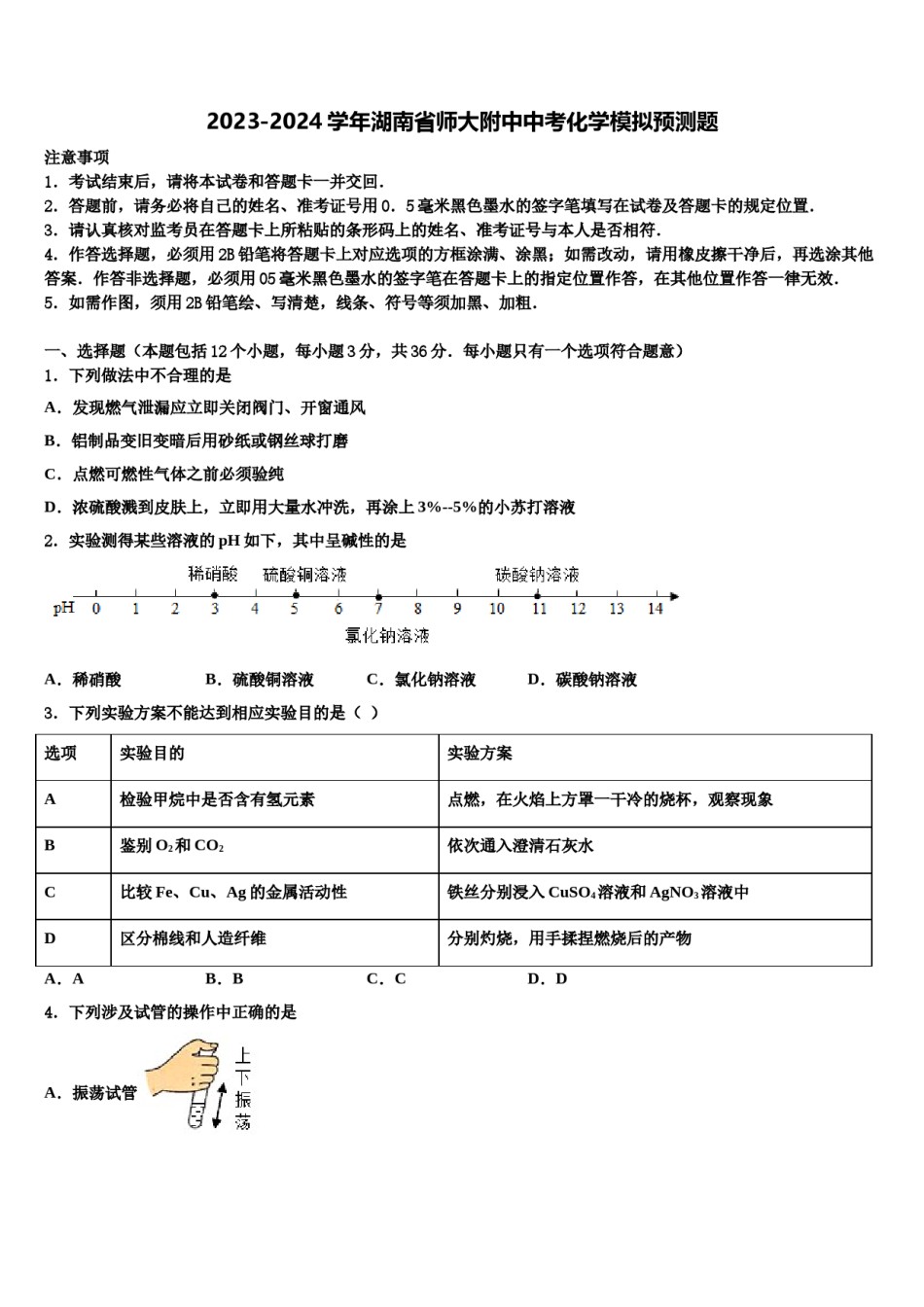 2023-2024学年湖南省师大附中中考化学模拟预测题含解析.doc_第1页