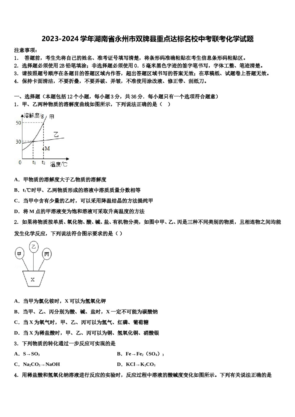 2023-2024学年湖南省永州市双牌县重点达标名校中考联考化学试题含解析.doc_第1页