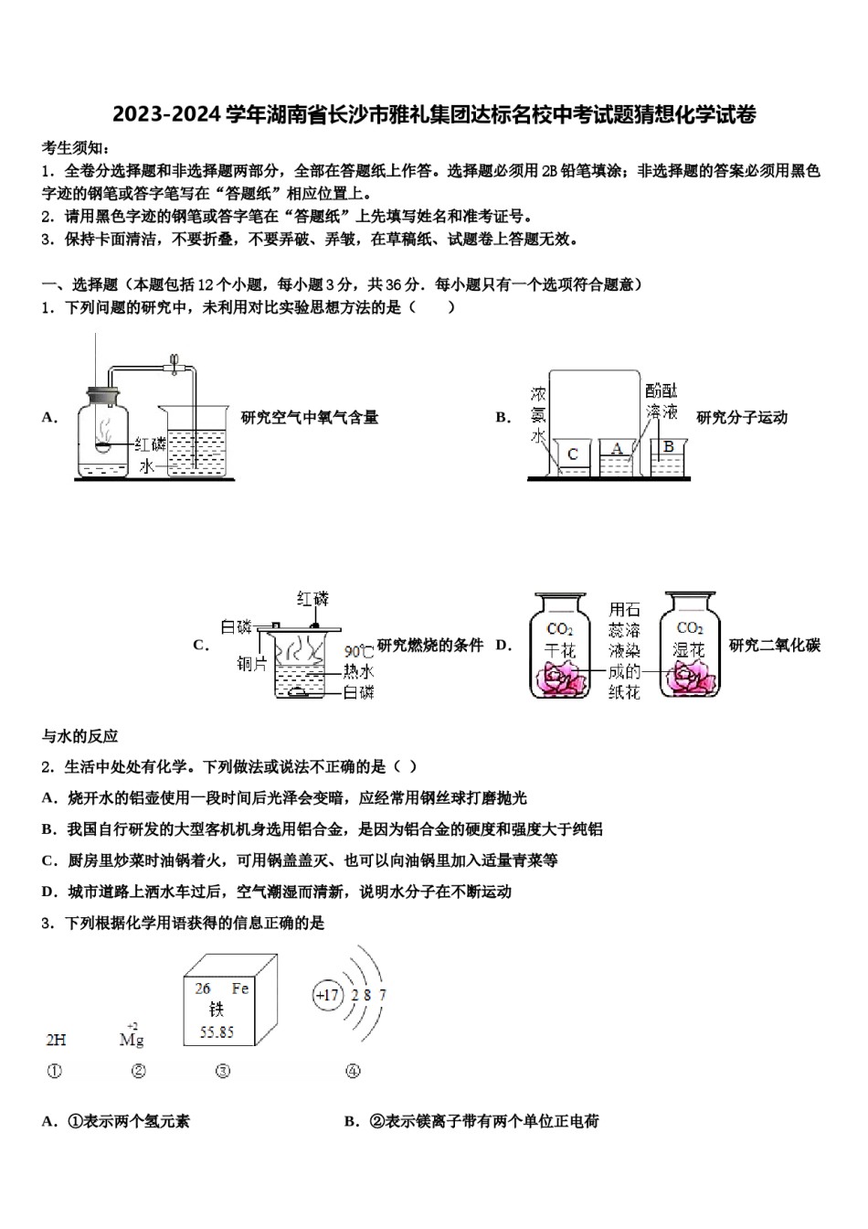 2023-2024学年湖南省长沙市雅礼集团达标名校中考试题猜想化学试卷含解析.doc_第1页
