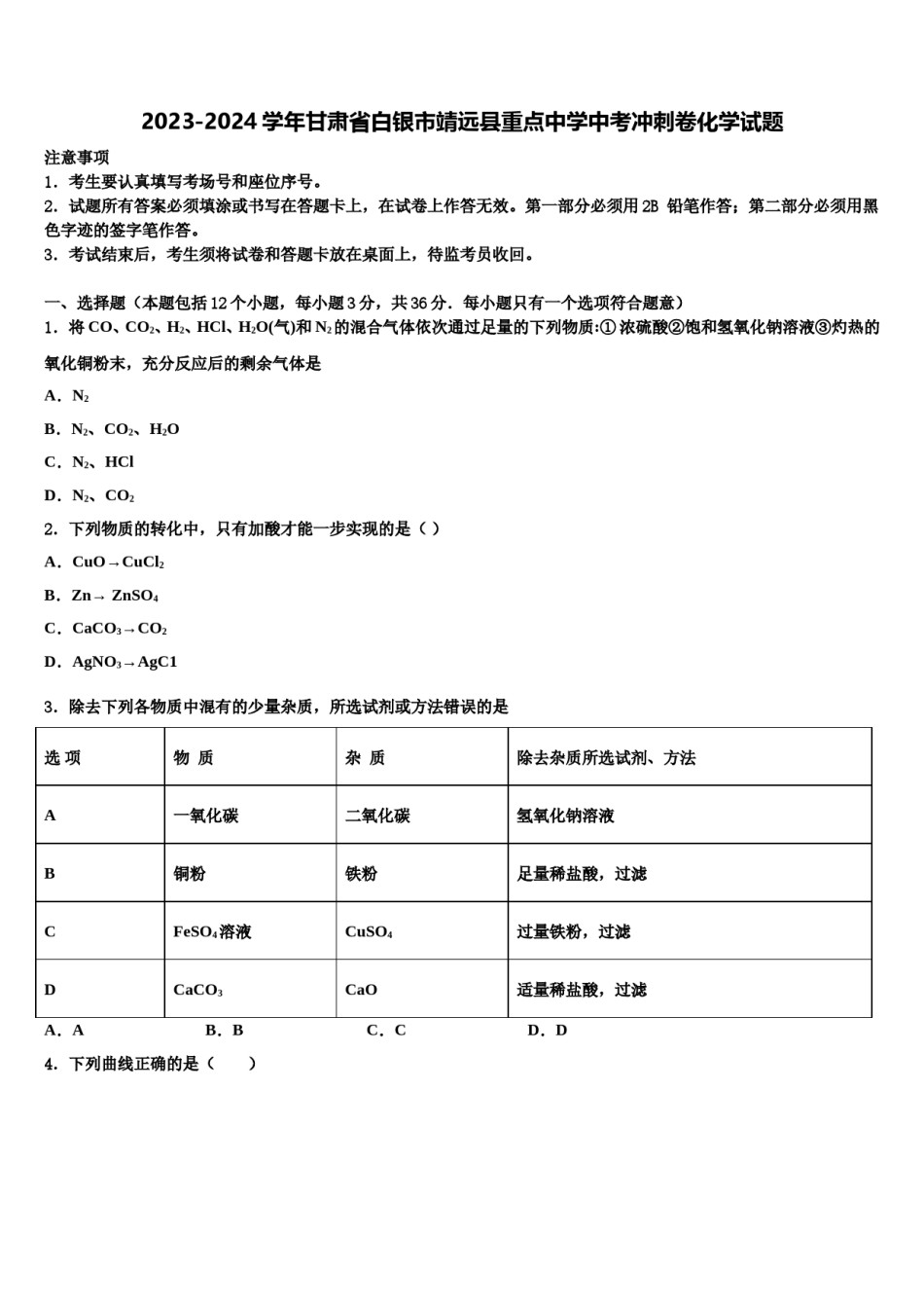 2023-2024学年甘肃省白银市靖远县重点中学中考冲刺卷化学试题含解析.doc_第1页