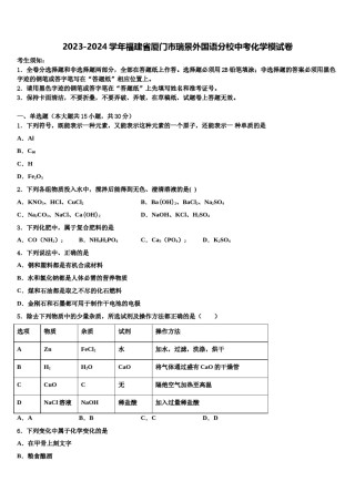 2023-2024学年福建省厦门市瑞景外国语分校中考化学模试卷含解析.doc