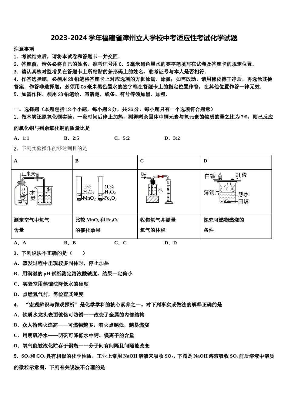 2023-2024学年福建省漳州立人学校中考适应性考试化学试题含解析.doc_第1页