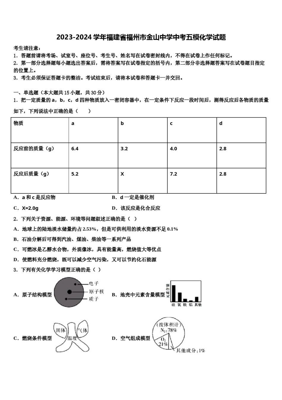 2023-2024学年福建省福州市金山中学中考五模化学试题含解析.doc_第1页