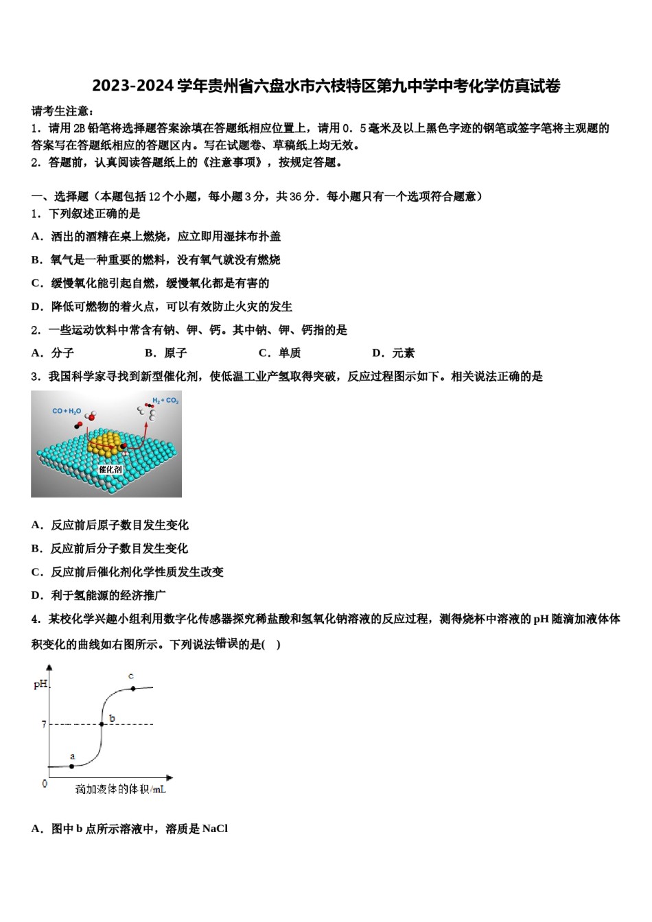 2023-2024学年贵州省六盘水市六枝特区第九中学中考化学仿真试卷含解析.doc_第1页