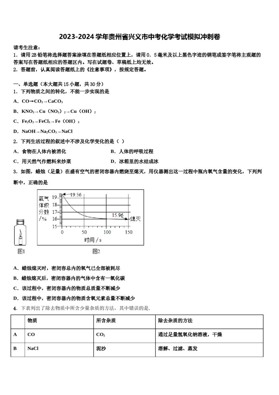 2023-2024学年贵州省兴义市中考化学考试模拟冲刺卷含解析.doc_第1页