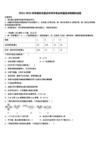 2023-2024学年随州市重点中学中考化学最后冲刺模拟试卷含解析.doc