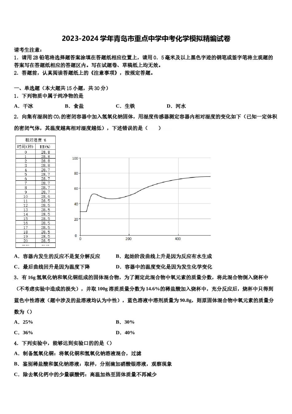 2023-2024学年青岛市重点中学中考化学模拟精编试卷含解析.doc_第1页