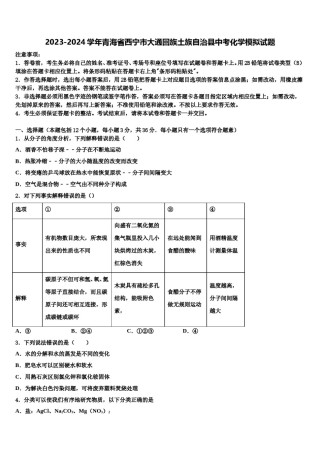 2023-2024学年青海省西宁市大通回族土族自治县中考化学模拟试题含解析.doc