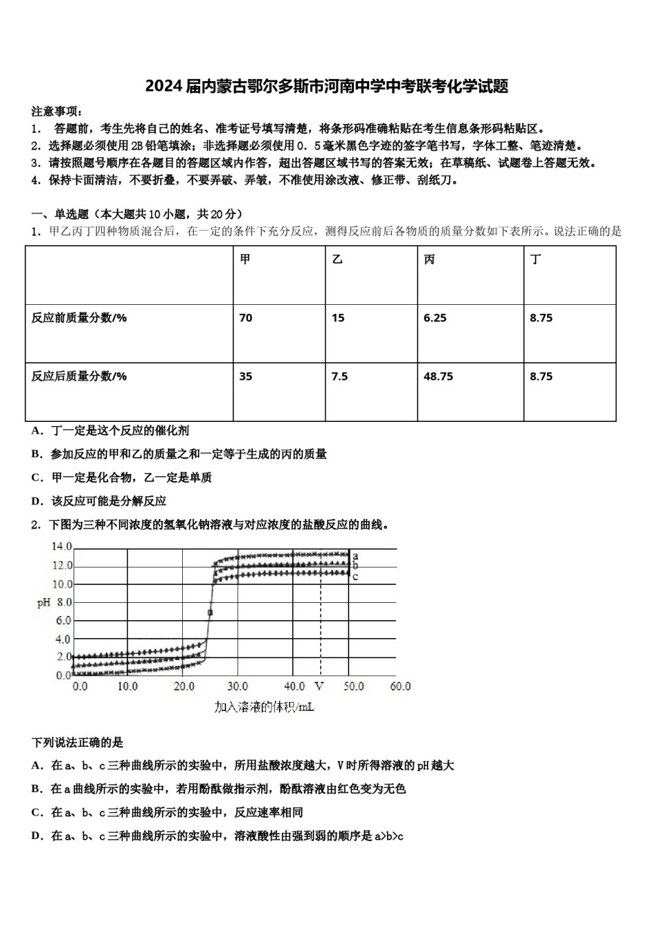2024届内蒙古鄂尔多斯市河南中学中考联考化学试题含解析.doc_第1页
