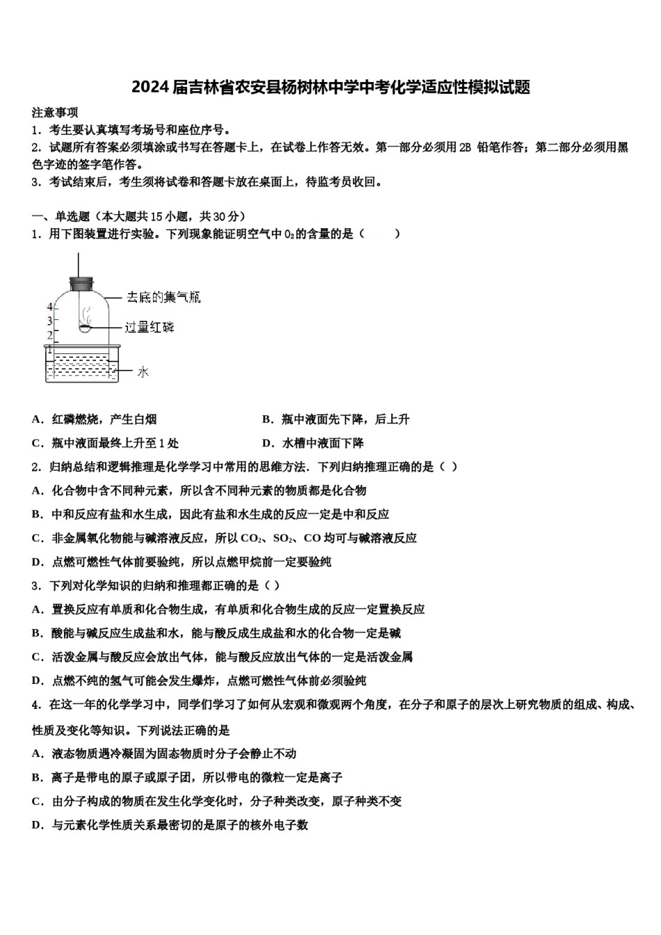 2024届吉林省农安县杨树林中学中考化学适应性模拟试题含解析.doc_第1页