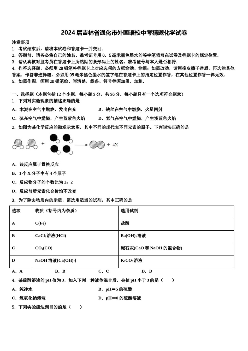 2024届吉林省通化市外国语校中考猜题化学试卷含解析.doc_第1页