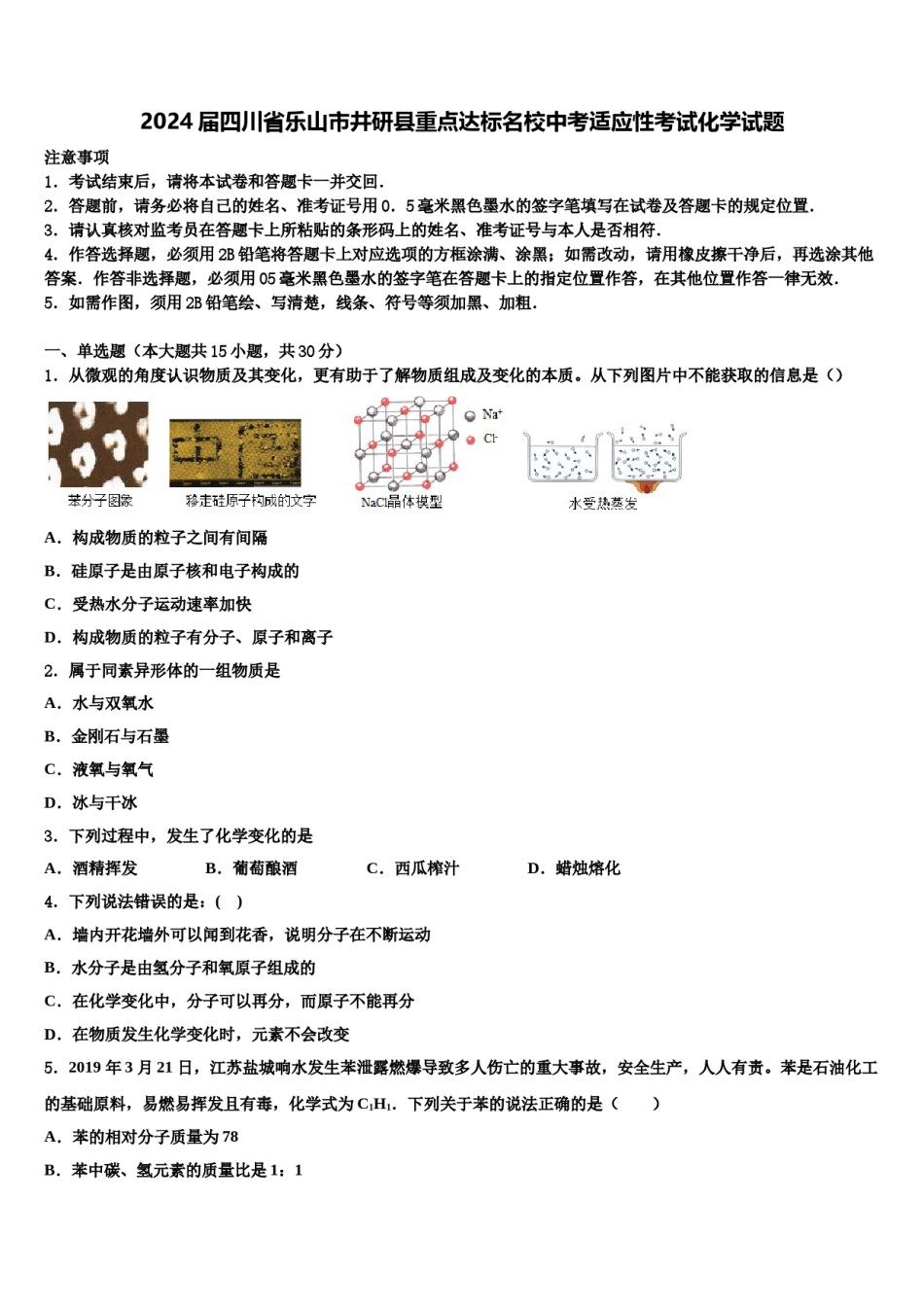 2024届四川省乐山市井研县重点达标名校中考适应性考试化学试题含解析.doc_第1页
