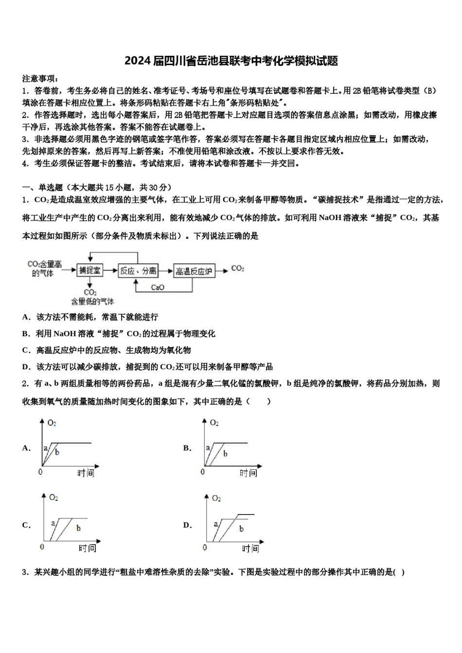 2024届四川省岳池县联考中考化学模拟试题含解析.doc_第1页