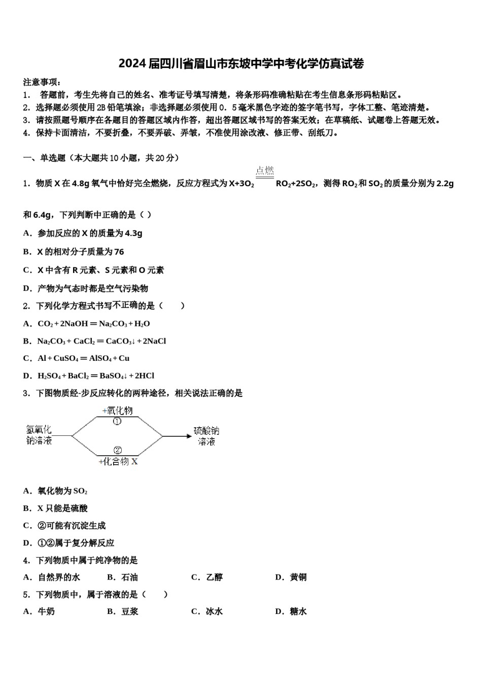 2024届四川省眉山市东坡中学中考化学仿真试卷含解析.doc_第1页