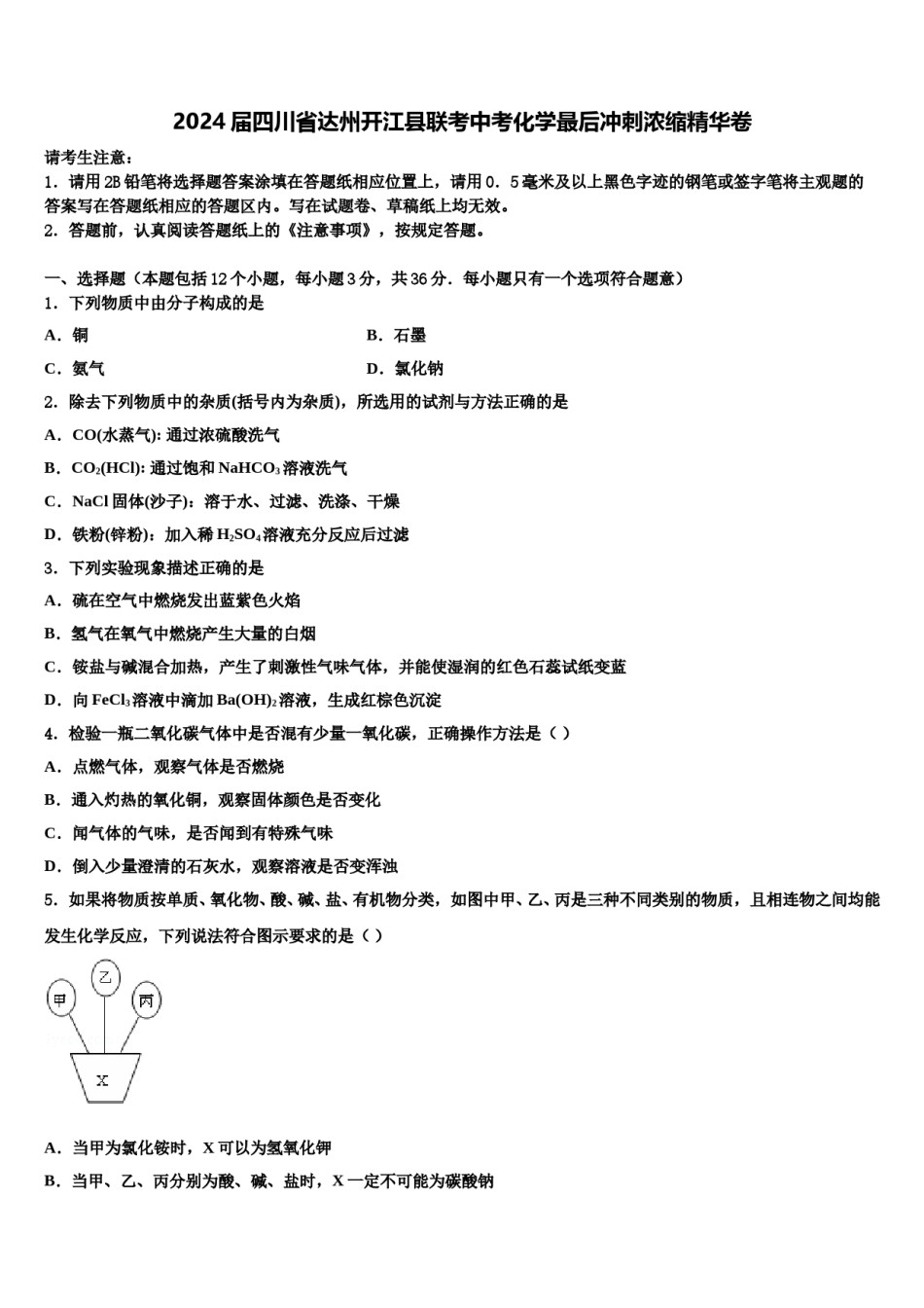 2024届四川省达州开江县联考中考化学最后冲刺浓缩精华卷含解析.doc_第1页